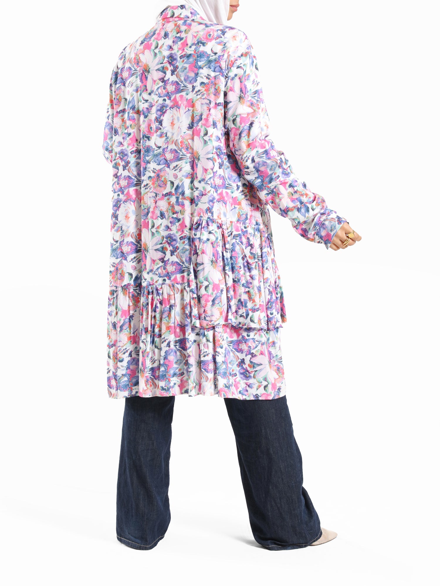 Floral Ruffle Shirt in voile fabric with modest ruffle design, available in white, purple, and yellow for summer wear