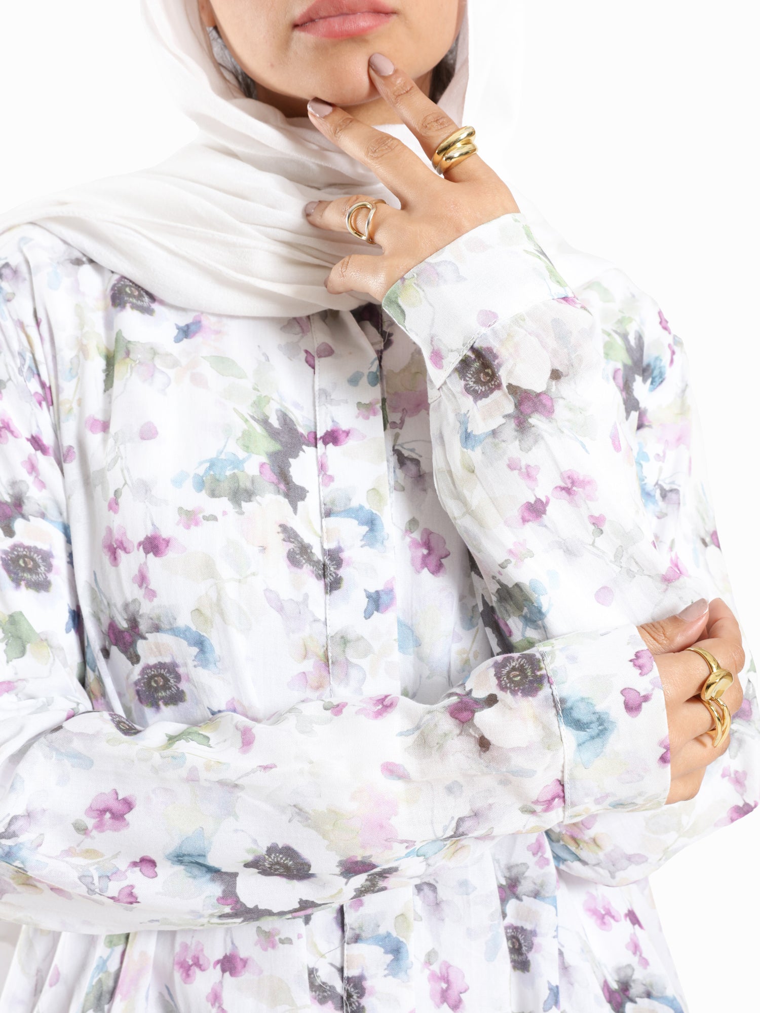 Floral Ruffle Shirt in voile fabric with modest ruffle design, available in white, purple, and yellow for summer wear