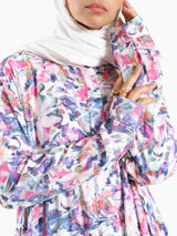 Floral Ruffle Shirt in voile fabric with modest ruffle design, available in white, purple, and yellow for summer wear
