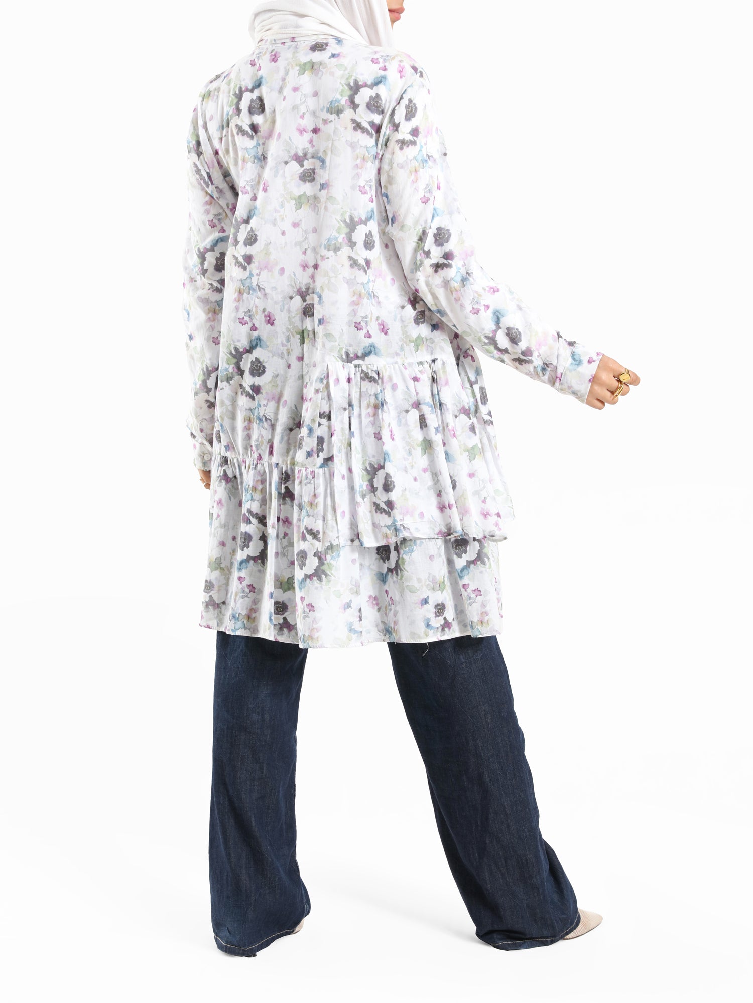 Floral Ruffle Shirt in voile fabric with modest ruffle design, available in white, purple, and yellow for summer wear