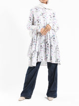 Floral Ruffle Shirt in voile fabric with modest ruffle design, available in white, purple, and yellow for summer wear