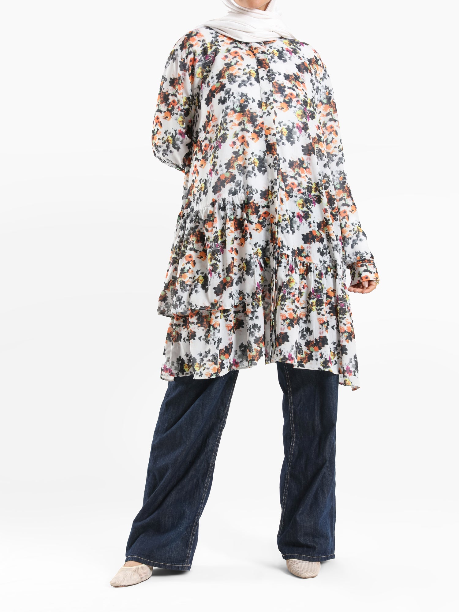 Floral Ruffle Shirt in voile fabric with modest ruffle design, available in white, purple, and yellow for summer wear