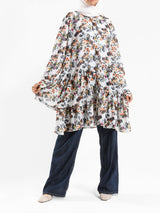 Floral Ruffle Shirt in voile fabric with modest ruffle design, available in white, purple, and yellow for summer wear