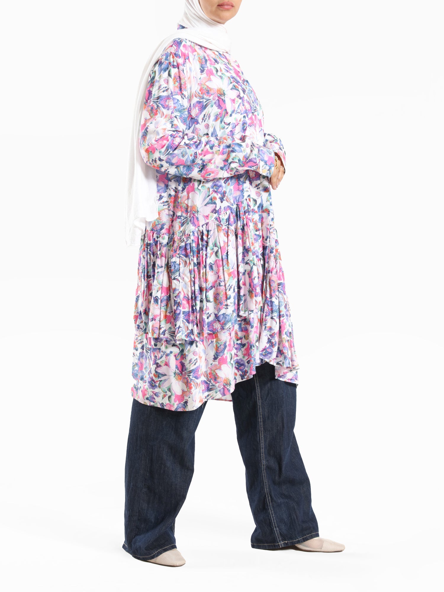 Floral Ruffle Shirt in voile fabric with modest ruffle design, available in white, purple, and yellow for summer wear