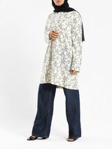Floral Top in soft crib fabric with long sleeves, available in black or white for modest summer layering
