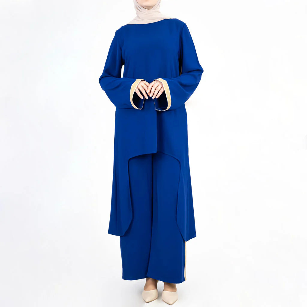 Golden Trim Bloom Set in 100% cotton spectra fabric with high-low top and wide-leg pants, a breezy modest outfit for Eid or summer gatherings in blue, fuchsia, or green