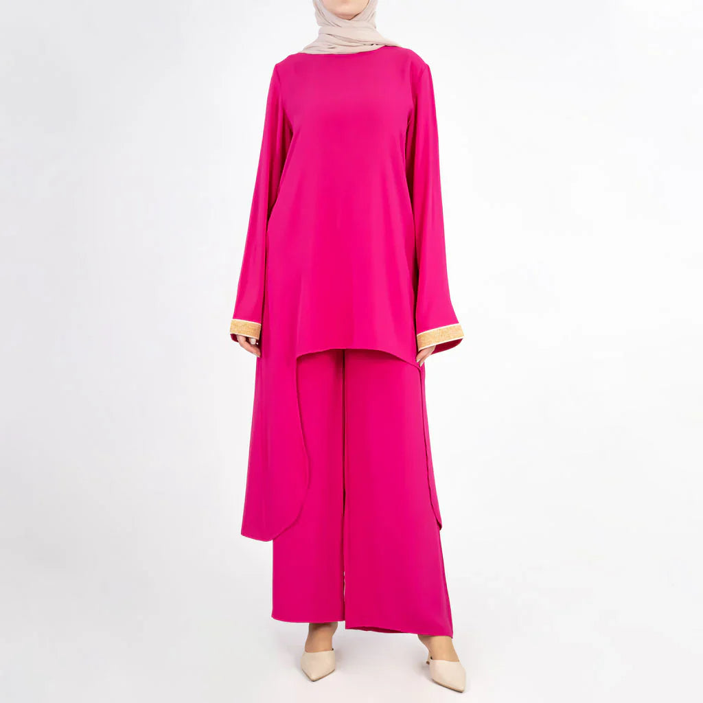 Golden Trim Bloom Set in 100% cotton spectra fabric with high-low top and wide-leg pants, a breezy modest outfit for Eid or summer gatherings in blue, fuchsia, or green