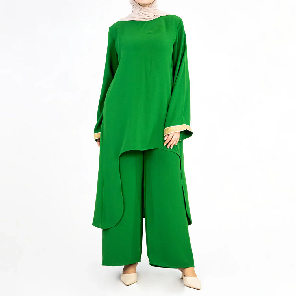 Golden Trim Bloom Set in 100% cotton spectra fabric with high-low top and wide-leg pants, a breezy modest outfit for Eid or summer gatherings in blue, fuchsia, or green