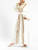 Golden Jewel Kaftan in Turkish linen-cotton blend, featuring a vibrant design and breathable comfort for modest elegance