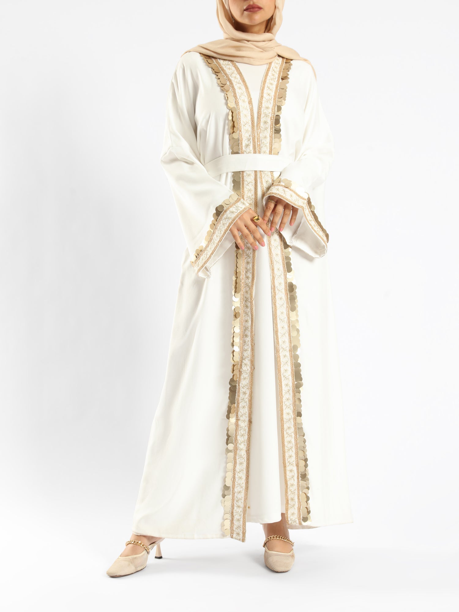 Golden Jewel Kaftan in Turkish linen-cotton blend, featuring a vibrant design and breathable comfort for modest elegance