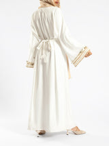 Golden Jewel Kaftan in Turkish linen-cotton blend, featuring a vibrant design and breathable comfort for modest elegance