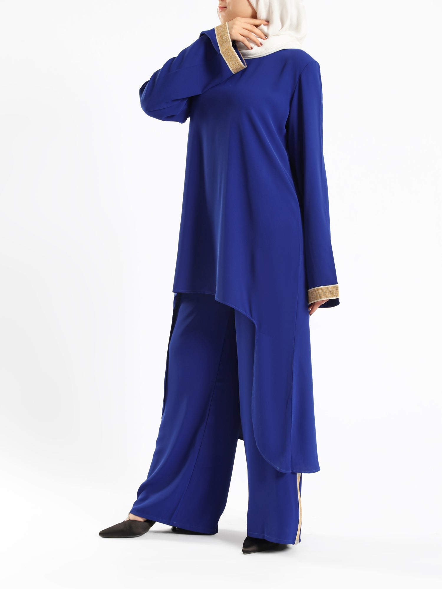 Golden Trim Bloom Set in 100% cotton spectra fabric with high-low top and wide-leg pants, a breezy modest outfit for Eid or summer gatherings in blue, fuchsia, or green