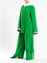 Golden Trim Bloom Set in 100% cotton spectra fabric with high-low top and wide-leg pants, a breezy modest outfit for Eid or summer gatherings in blue, fuchsia, or green