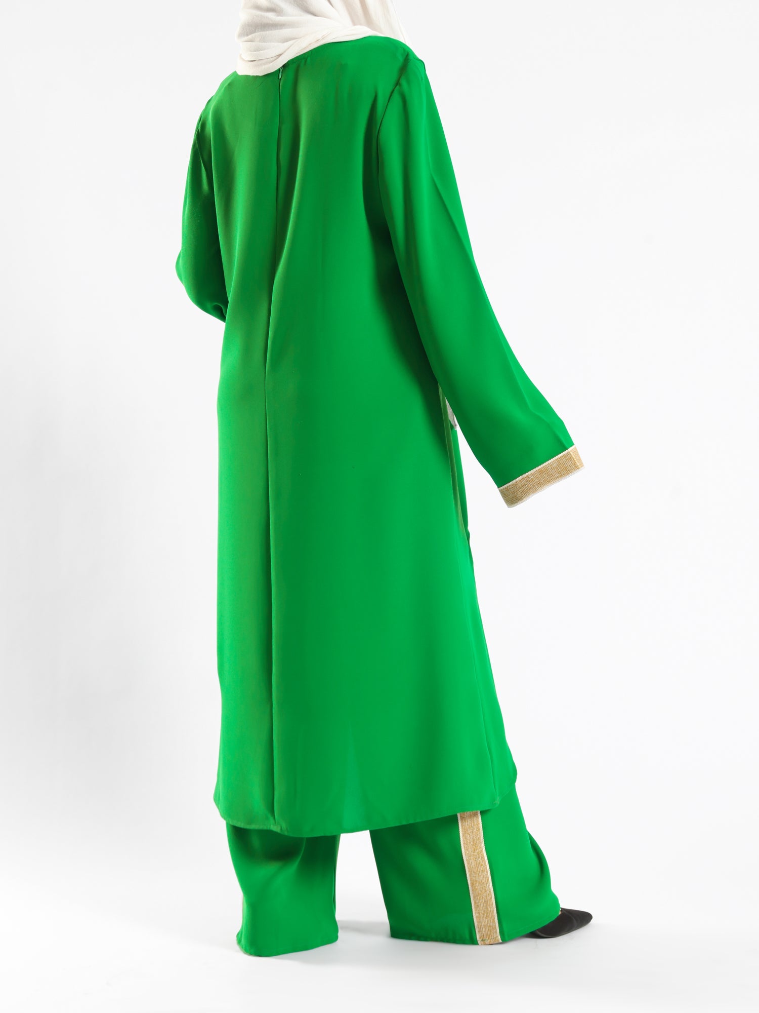 Golden Trim Bloom Set in 100% cotton spectra fabric with high-low top and wide-leg pants, a breezy modest outfit for Eid or summer gatherings in blue, fuchsia, or green