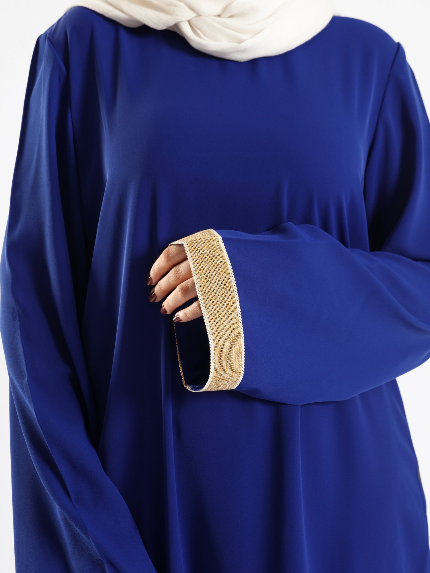 Golden Trim Bloom Set in 100% cotton spectra fabric with high-low top and wide-leg pants, a breezy modest outfit for Eid or summer gatherings in blue, fuchsia, or green