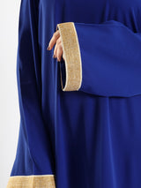 Golden Trim Bloom Set in 100% cotton spectra fabric with high-low top and wide-leg pants, a breezy modest outfit for Eid or summer gatherings in blue, fuchsia, or green