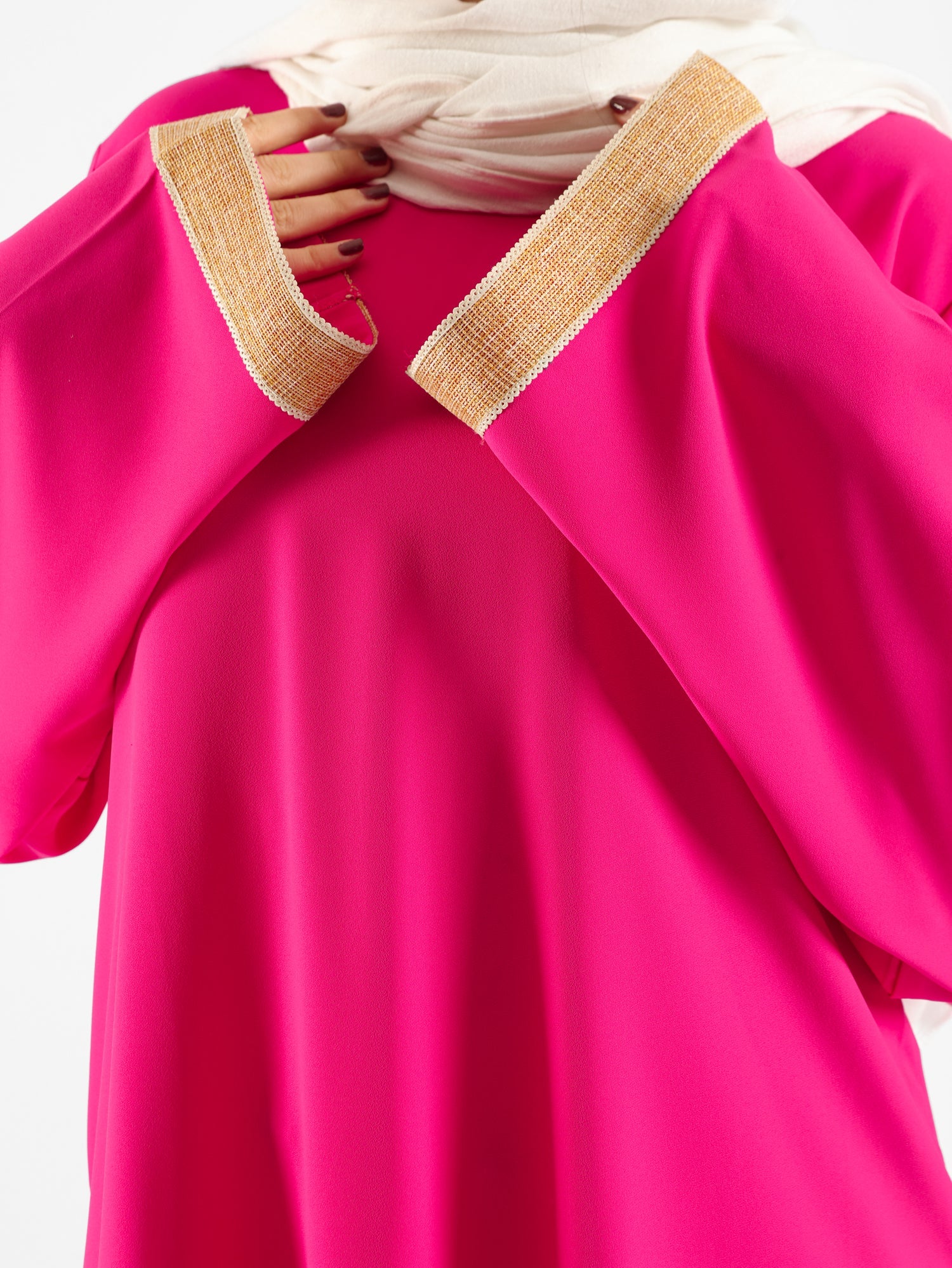 Golden Trim Bloom Set in 100% cotton spectra fabric with high-low top and wide-leg pants, a breezy modest outfit for Eid or summer gatherings in blue, fuchsia, or green