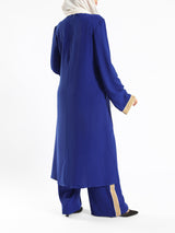 Golden Trim Bloom Set in 100% cotton spectra fabric with high-low top and wide-leg pants, a breezy modest outfit for Eid or summer gatherings in blue, fuchsia, or green