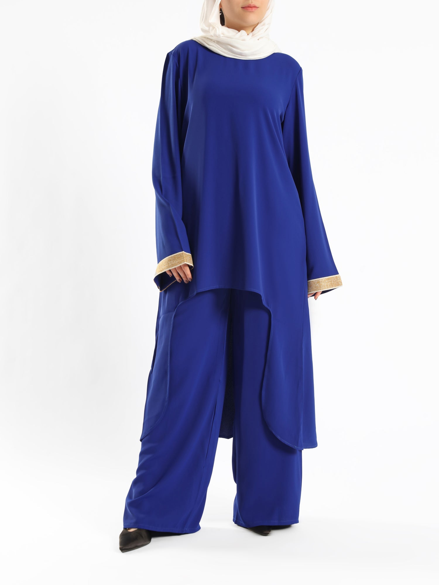 Golden Trim Bloom Set in 100% cotton spectra fabric with high-low top and wide-leg pants, a breezy modest outfit for Eid or summer gatherings in blue, fuchsia, or green