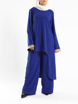 Golden Trim Bloom Set in 100% cotton spectra fabric with high-low top and wide-leg pants, a breezy modest outfit for Eid or summer gatherings in blue, fuchsia, or green