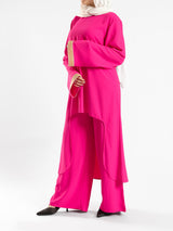 Golden Trim Bloom Set in 100% cotton spectra fabric with high-low top and wide-leg pants, a breezy modest outfit for Eid or summer gatherings in blue, fuchsia, or green