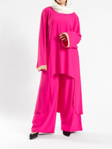 Golden Trim Bloom Set in 100% cotton spectra fabric with high-low top and wide-leg pants, a breezy modest outfit for Eid or summer gatherings in blue, fuchsia, or green