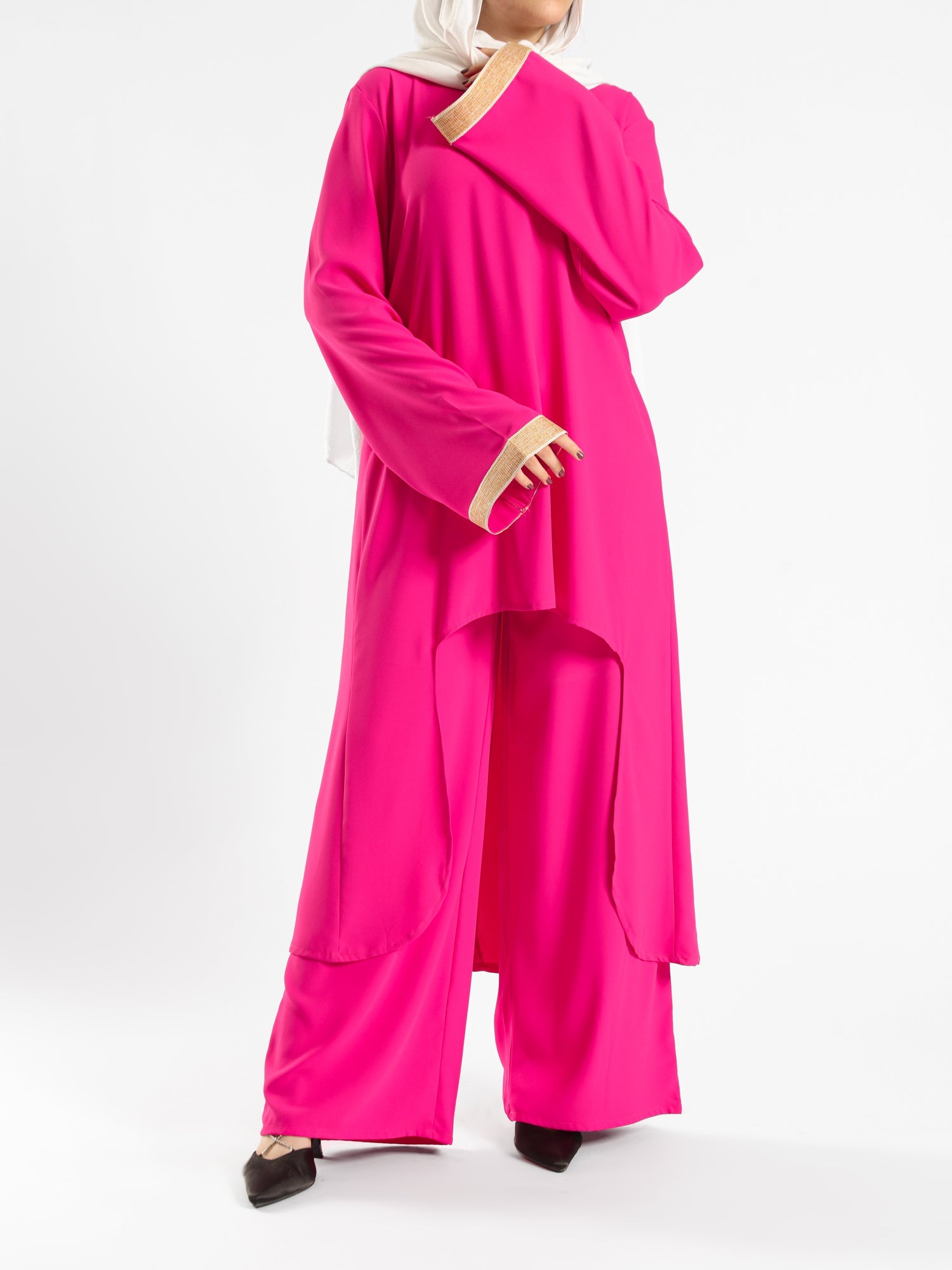 Golden Trim Bloom Set in 100% cotton spectra fabric with high-low top and wide-leg pants, a breezy modest outfit for Eid or summer gatherings in blue, fuchsia, or green