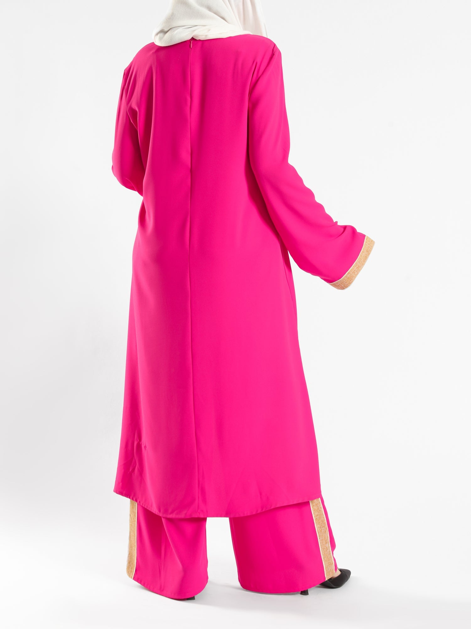 Golden Trim Bloom Set in 100% cotton spectra fabric with high-low top and wide-leg pants, a breezy modest outfit for Eid or summer gatherings in blue, fuchsia, or green