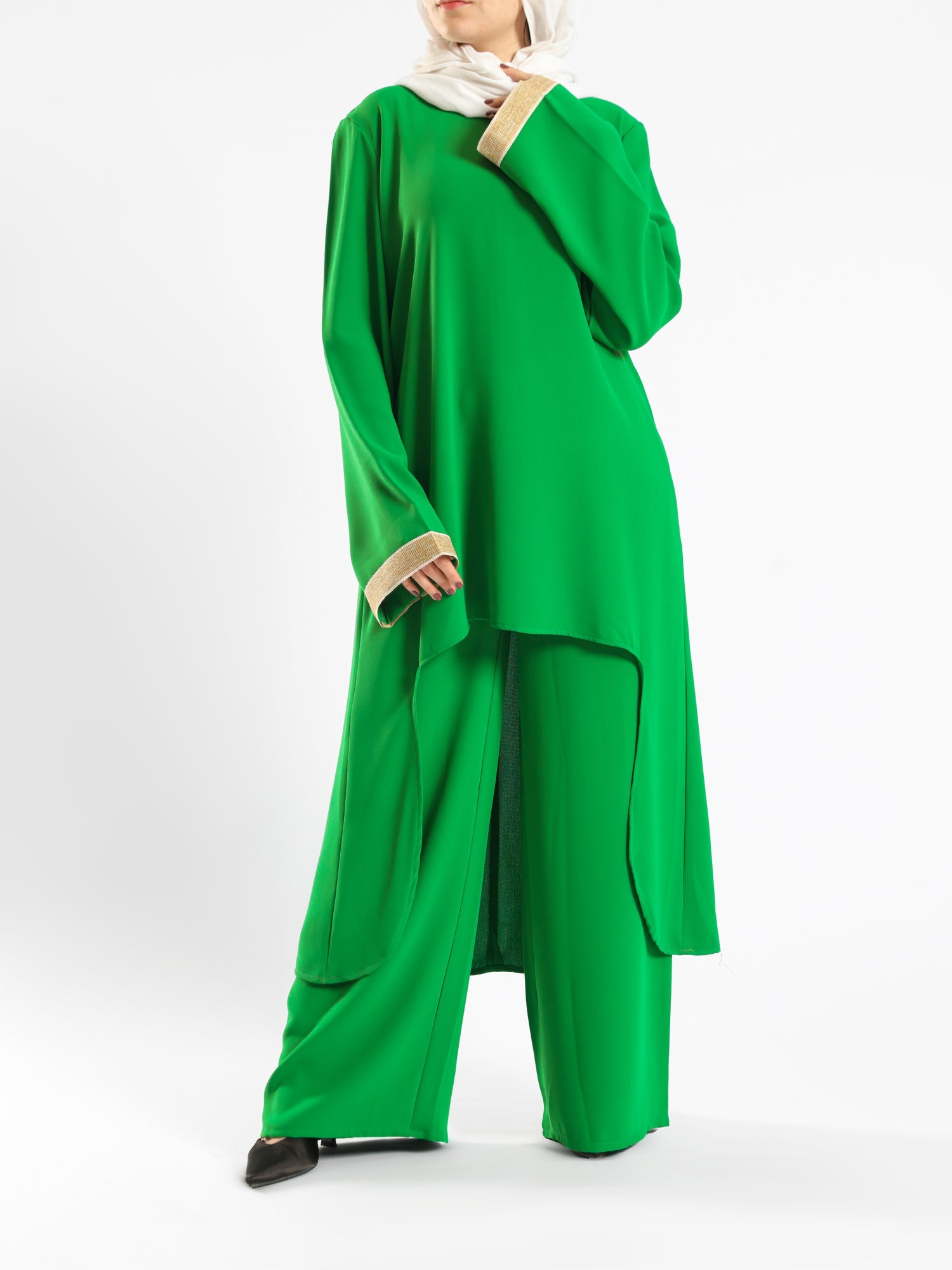 Golden Trim Bloom Set in 100% cotton spectra fabric with high-low top and wide-leg pants, a breezy modest outfit for Eid or summer gatherings in blue, fuchsia, or green