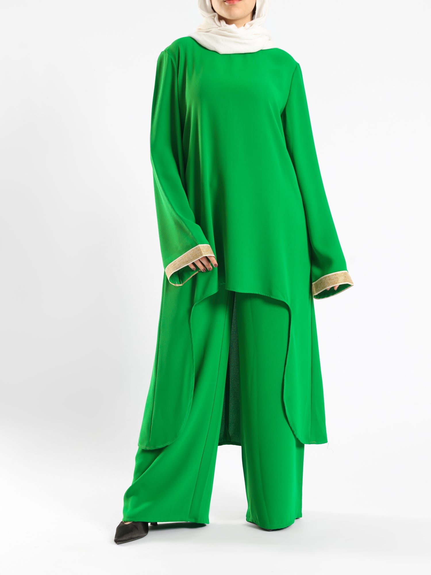 Golden Trim Bloom Set in 100% cotton spectra fabric with high-low top and wide-leg pants, a breezy modest outfit for Eid or summer gatherings in blue, fuchsia, or green