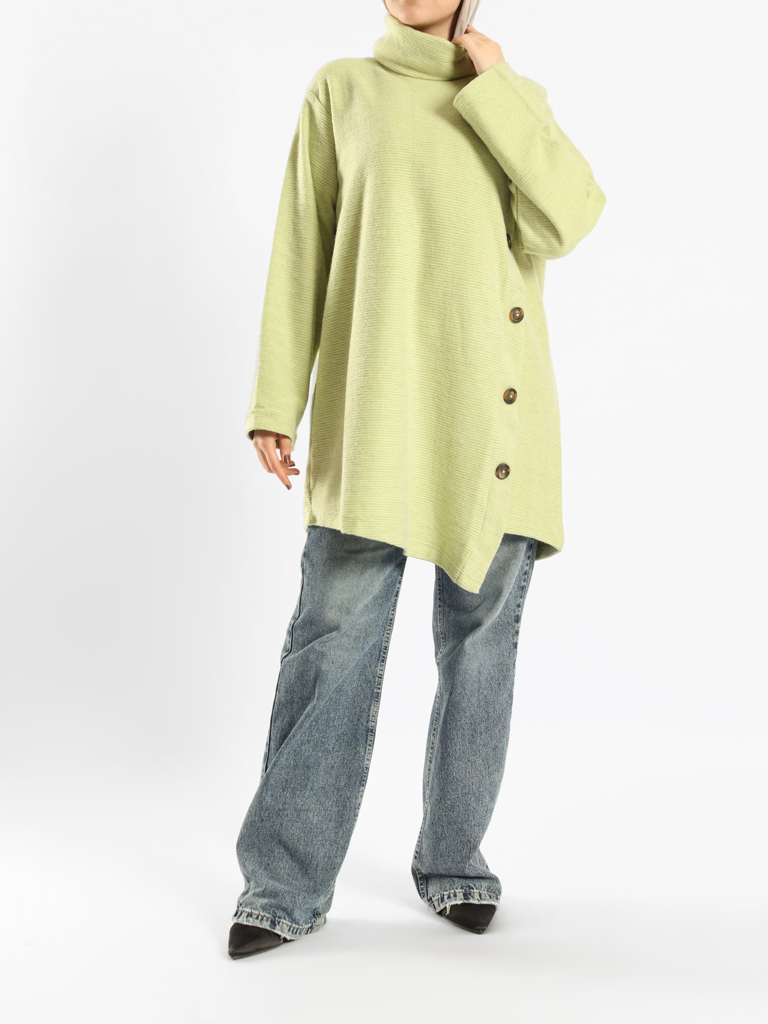 High Collar Sweater in cotton with contrast buttons, available in mustard, blue, and lime green for modest winter layering