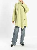 High Collar Sweater in cotton with contrast buttons, available in mustard, blue, and lime green for modest winter layering