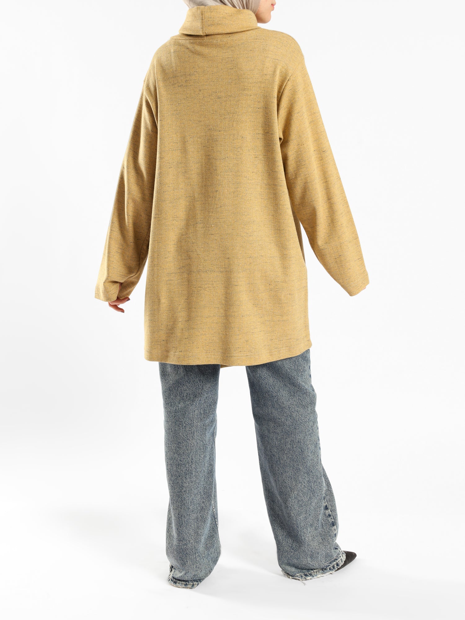 High Collar Sweater in cotton with contrast buttons, available in mustard, blue, and lime green for modest winter layering