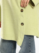 High Collar Sweater in cotton with contrast buttons, available in mustard, blue, and lime green for modest winter layering