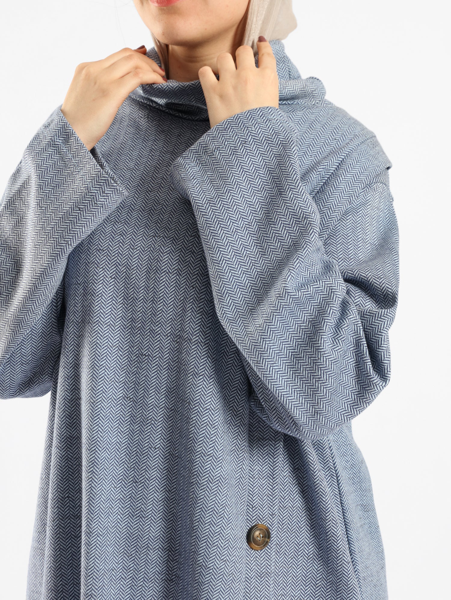 High Collar Sweater in cotton with contrast buttons, available in mustard, blue, and lime green for modest winter layering