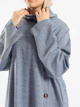 High Collar Sweater in cotton with contrast buttons, available in mustard, blue, and lime green for modest winter layering