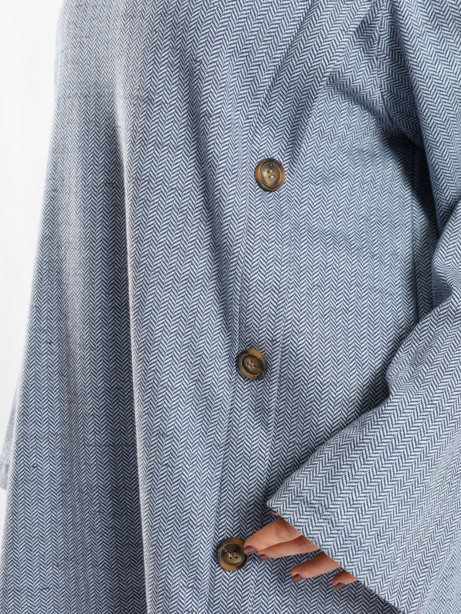 High Collar Sweater in cotton with contrast buttons, available in mustard, blue, and lime green for modest winter layering