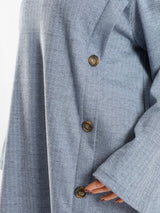 High Collar Sweater in cotton with contrast buttons, available in mustard, blue, and lime green for modest winter layering