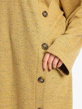 High Collar Sweater in cotton with contrast buttons, available in mustard, blue, and lime green for modest winter layering