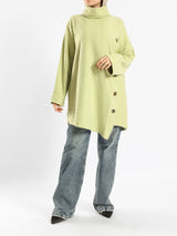 High Collar Sweater in cotton with contrast buttons, available in mustard, blue, and lime green for modest winter layering