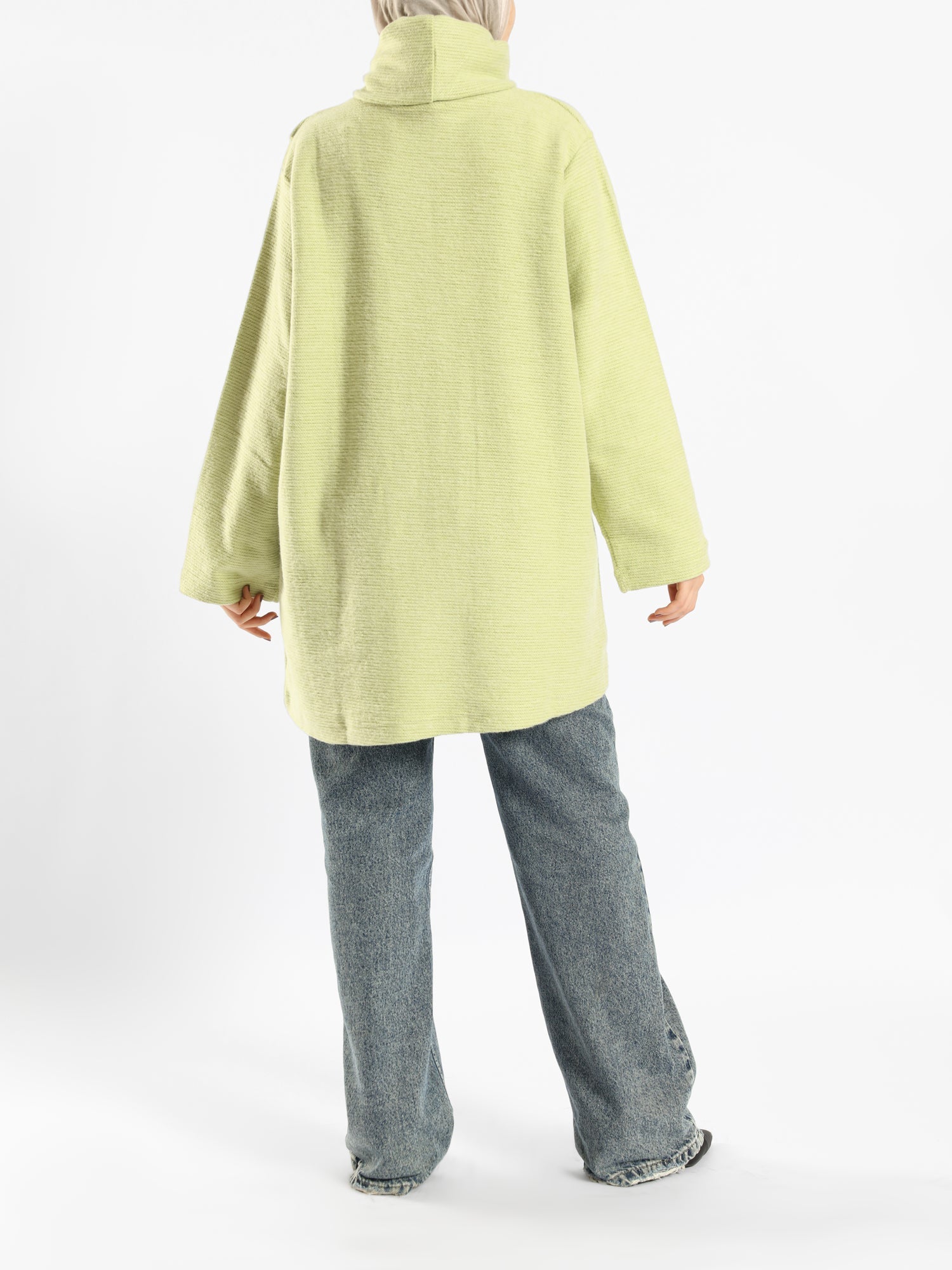 High Collar Sweater in cotton with contrast buttons, available in mustard, blue, and lime green for modest winter layering