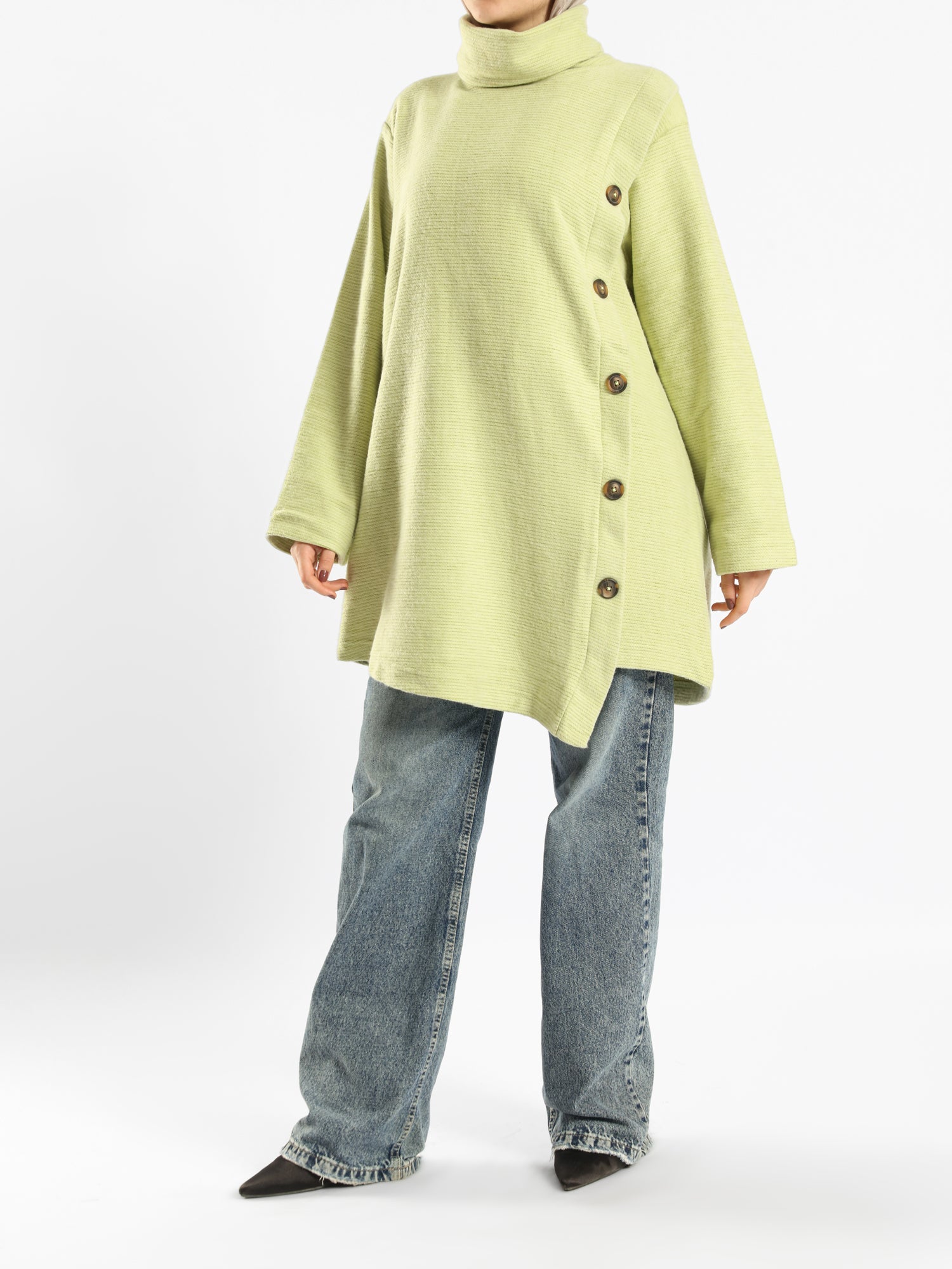 High Collar Sweater in cotton with contrast buttons, available in mustard, blue, and lime green for modest winter layering