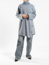 High Collar Sweater in cotton with contrast buttons, available in mustard, blue, and lime green for modest winter layering