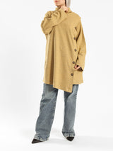 High Collar Sweater in cotton with contrast buttons, available in mustard, blue, and lime green for modest winter layering