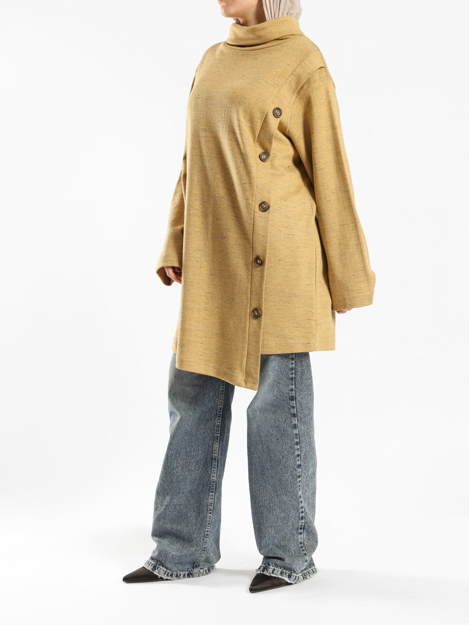 High Collar Sweater in cotton with contrast buttons, available in mustard, blue, and lime green for modest winter layering