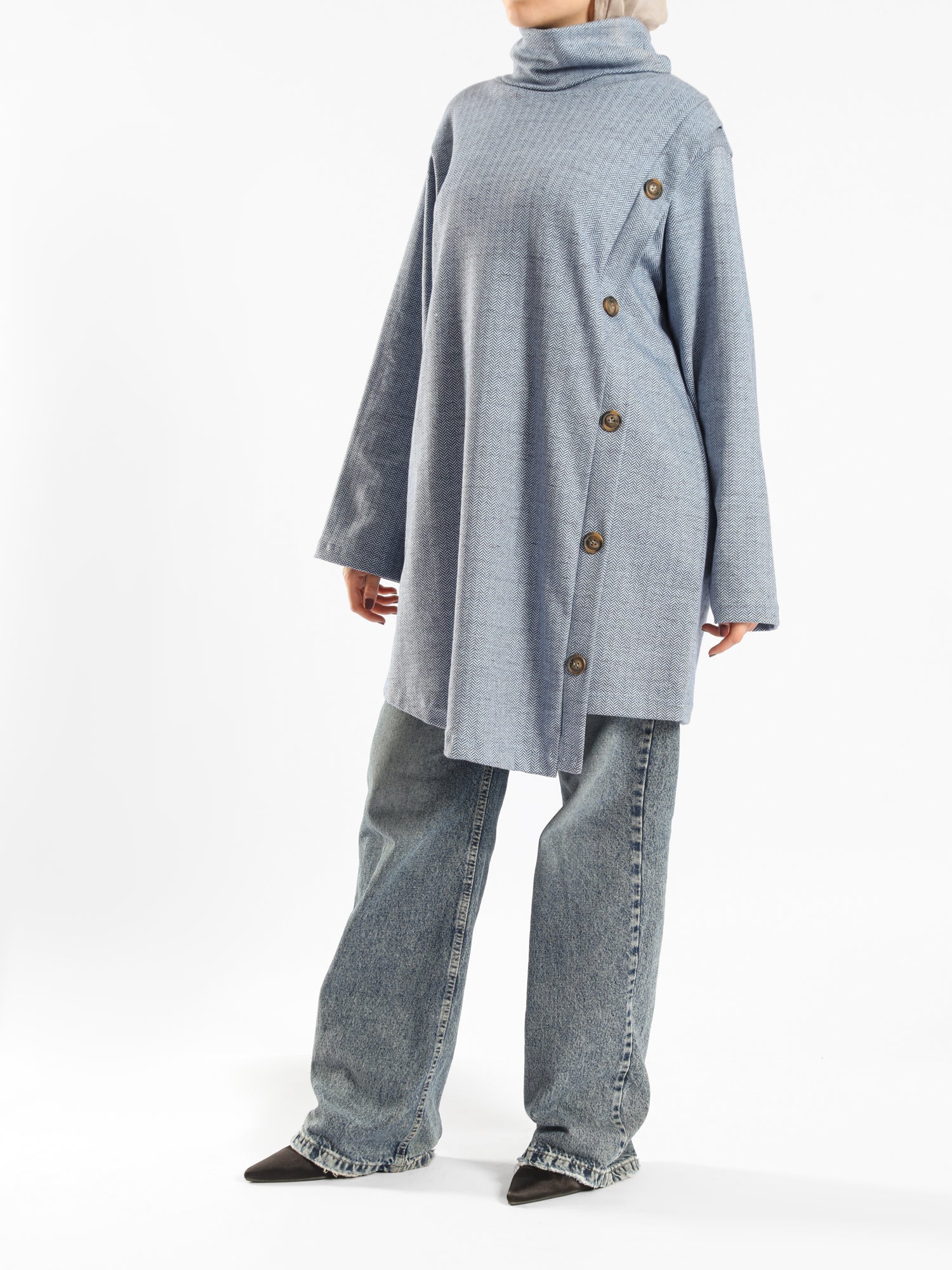 High Collar Sweater in cotton with contrast buttons, available in mustard, blue, and lime green for modest winter layering