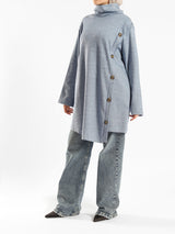 High Collar Sweater in cotton with contrast buttons, available in mustard, blue, and lime green for modest winter layering