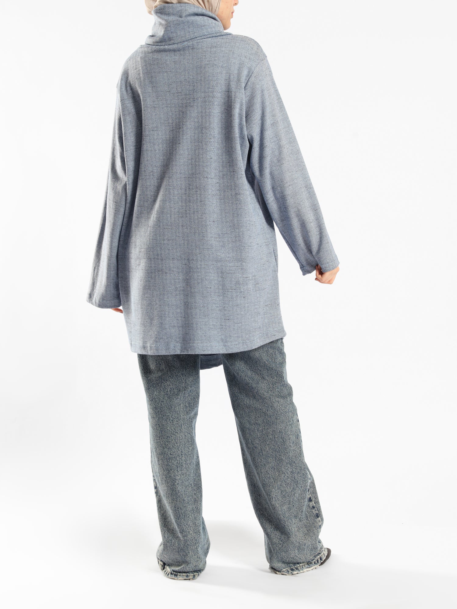 High Collar Sweater in cotton with contrast buttons, available in mustard, blue, and lime green for modest winter layering