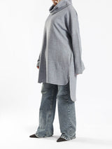 High Low Printed Sweater with asymmetrical hem, in navy pink, grey-black, or grey-blue for modest casual winter wear