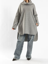 High Low Printed Sweater with asymmetrical hem, in navy pink, grey-black, or grey-blue for modest casual winter wear